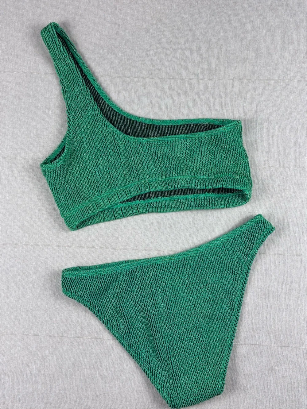 Good American Green One Shoulder Crinkle Bikini Set Metallic Size 1/2 3/4